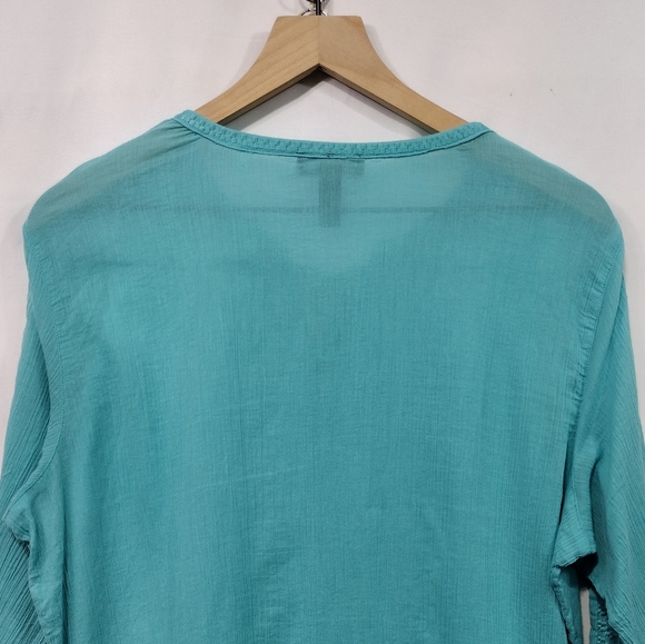 LRL Ralph Lauren Embroidered Crinkle Blouse Womens L Teal Cottagecore Peasant - Picture 6 of 7